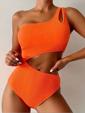 One-Shoulder Cutout Ribbed Bikini Set - Bright Orange